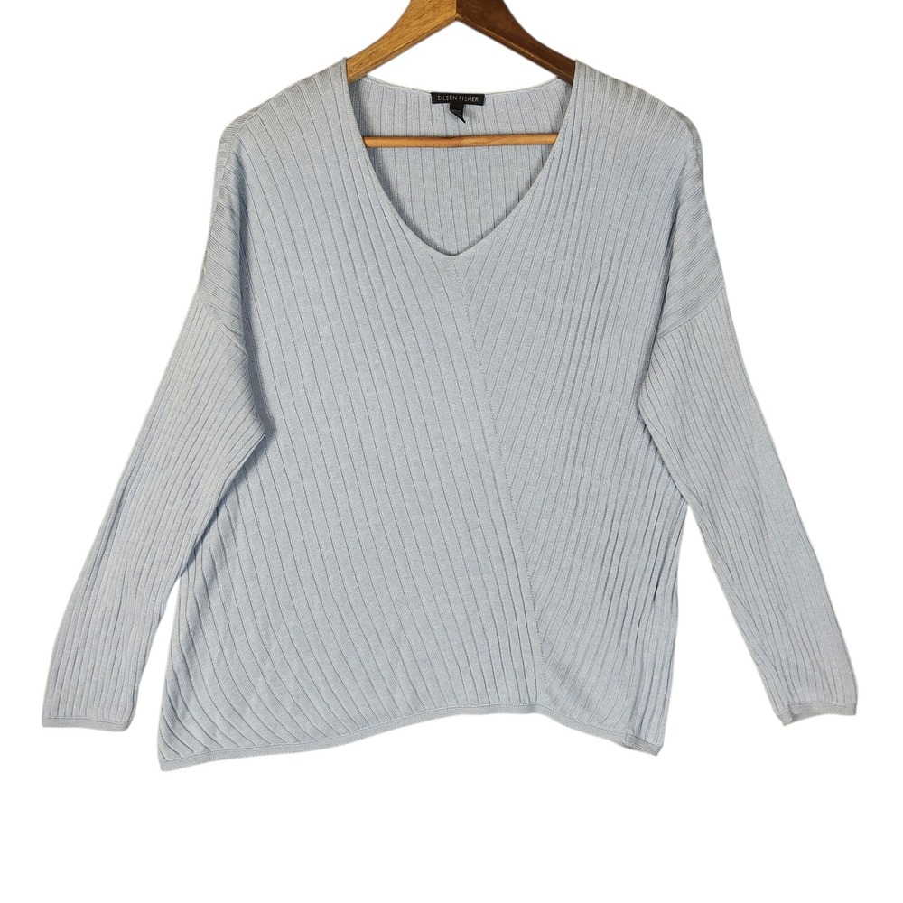 Eileen Fisher Sweater Womens XS Blue Ribbed V-Neck Organic‎ Cotton Silk Relaxed